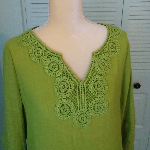 COUNTERPARTS XL TUNIC CROCHET ACCENT 3/4 BELL SLEEVES SHARK BITE HEM LAGENLOOK - Picture 3 of 8